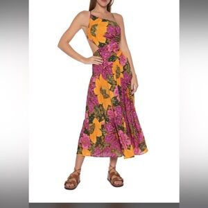 FARM Rio Asymmetrical Dress in Pink and Yellow Floral - one shoulder